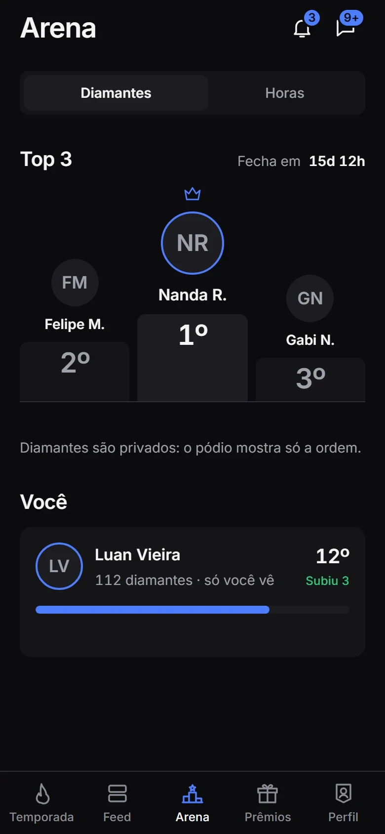 Tela Arena do app da Fusion, com o pódio do mês em diamantes