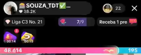 Print de batalha ao vivo no TikTok: SOUZA_TDT com 48.614 pontos contra 195, na Liga C3, número 21