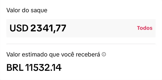 Print do TikTok: saque de 2.341,77 dólares, 11.532,14 reais estimados