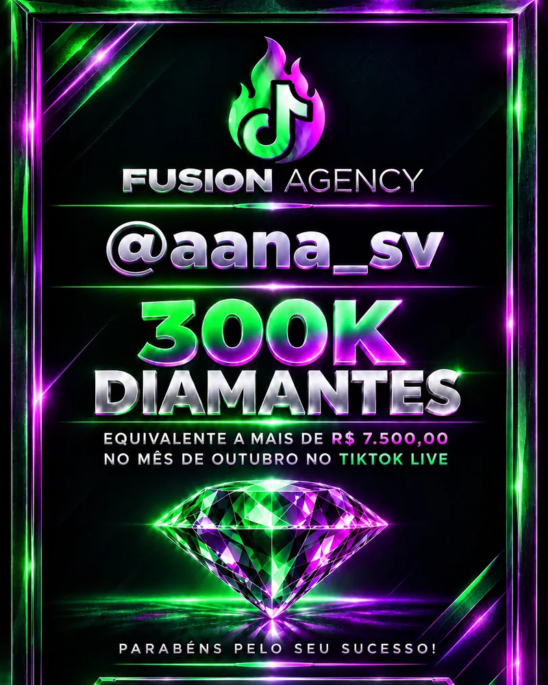 Placa da Fusion Agency para @aana_sv: 300K diamantes, mais de R$ 7.500 em outubro no TikTok LIVE