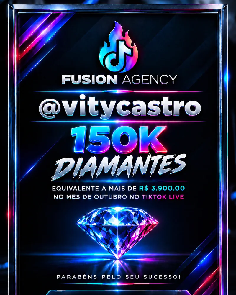 Placa da Fusion Agency para @vitycastro: 150K diamantes, mais de R$ 3.900 em outubro no TikTok LIVE